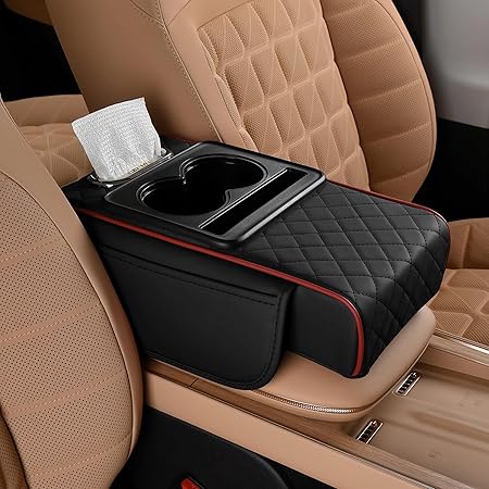 Car Center Console Cover, Leather Armrest Cover for Car, Universal Middle Console Cushion with Storage Box, Cup Holder, Tissue Box & Phone Slot, Waterproof Interior Accessories