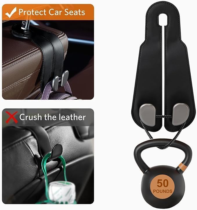 Leather Car Seat Headrest Hook (Pack of 2) – Double Hook Car Hanger for Bags, Purse, Grocery & Essentials | Premium Car Seat Organizer (Black)