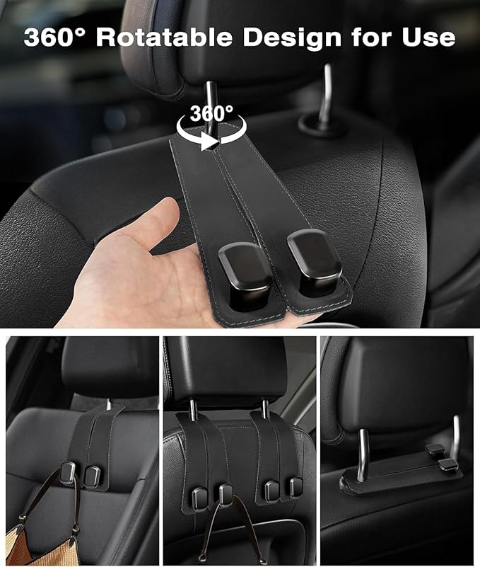 Leather Car Seat Headrest Hook (Pack of 2) – Double Hook Car Hanger for Bags, Purse, Grocery & Essentials | Premium Car Seat Organizer (Black)