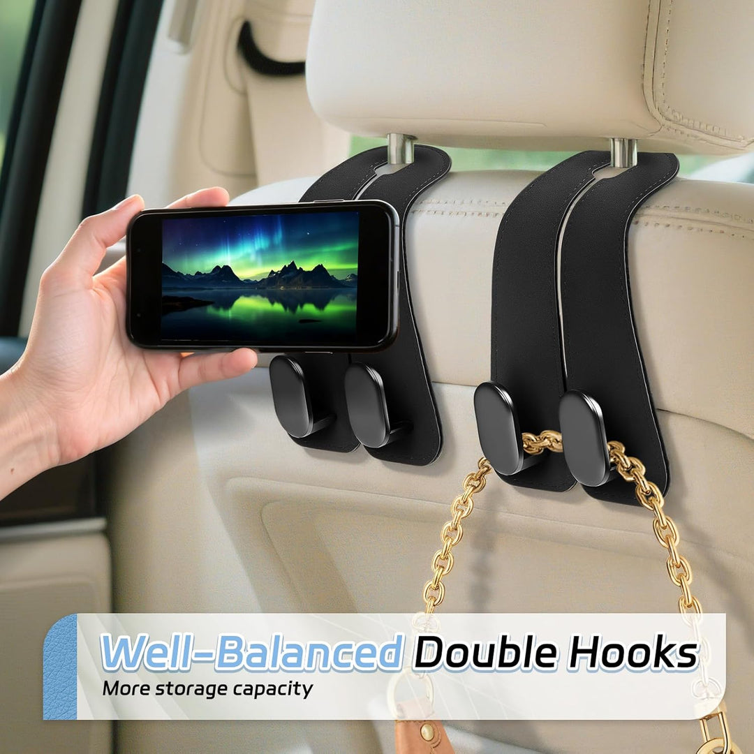 Leather Car Seat Headrest Hook (Pack of 2) – Double Hook Car Hanger for Bags, Purse, Grocery & Essentials | Premium Car Seat Organizer (Black)