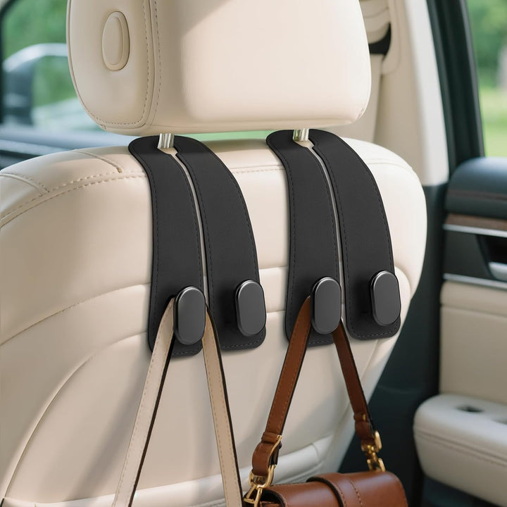Leather Car Seat Headrest Hook (Pack of 2) – Double Hook Car Hanger for Bags, Purse, Grocery & Essentials | Premium Car Seat Organizer (Black)