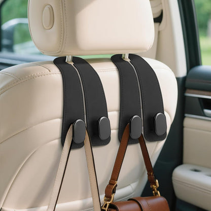 Leather Car Seat Headrest Hook (Pack of 2) – Double Hook Car Hanger for Bags, Purse, Grocery & Essentials | Premium Car Seat Organizer (Black)