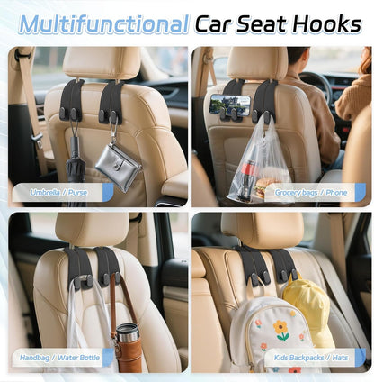 Leather Car Seat Headrest Hook (Pack of 2) – Double Hook Car Hanger for Bags, Purse, Grocery & Essentials | Premium Car Seat Organizer (Black)
