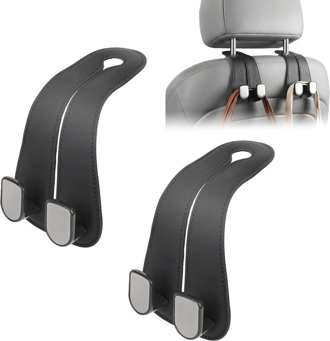 Leather Car Seat Headrest Hook (Pack of 2) – Double Hook Car Hanger for Bags, Purse, Grocery & Essentials | Premium Car Seat Organizer (Black)