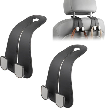 Leather Car Seat Headrest Hook (Pack of 2) – Double Hook Car Hanger for Bags, Purse, Grocery & Essentials | Premium Car Seat Organizer (Black)
