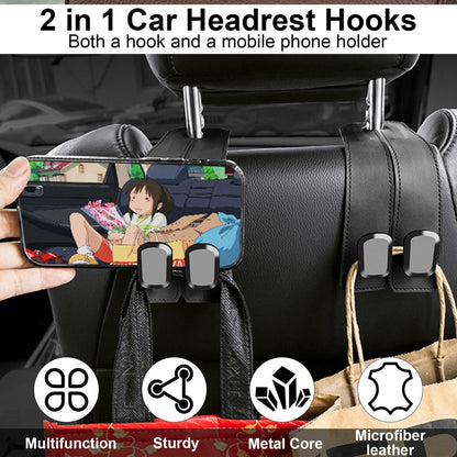 Leather Car Seat Headrest Hook (Pack of 2) – Double Hook Car Hanger for Bags, Purse, Grocery & Essentials | Premium Car Seat Organizer (Black)