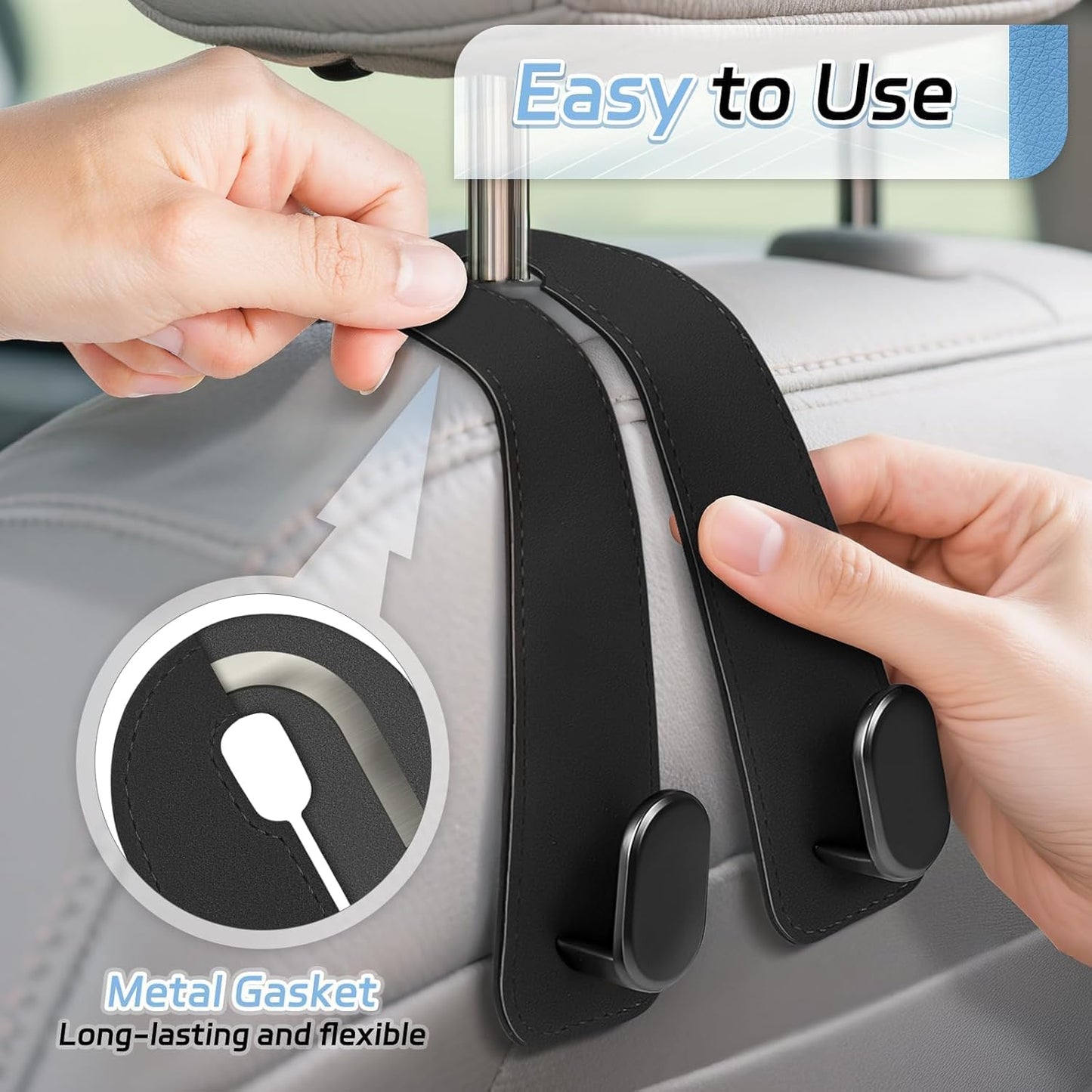 Leather Car Seat Headrest Hook (Pack of 2) – Double Hook Car Hanger for Bags, Purse, Grocery & Essentials | Premium Car Seat Organizer (Black)