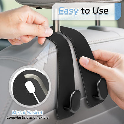 Leather Car Seat Headrest Hook (Pack of 2) – Double Hook Car Hanger for Bags, Purse, Grocery & Essentials | Premium Car Seat Organizer (Black)